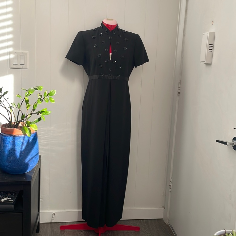 Long black mandarin collar sequin gown